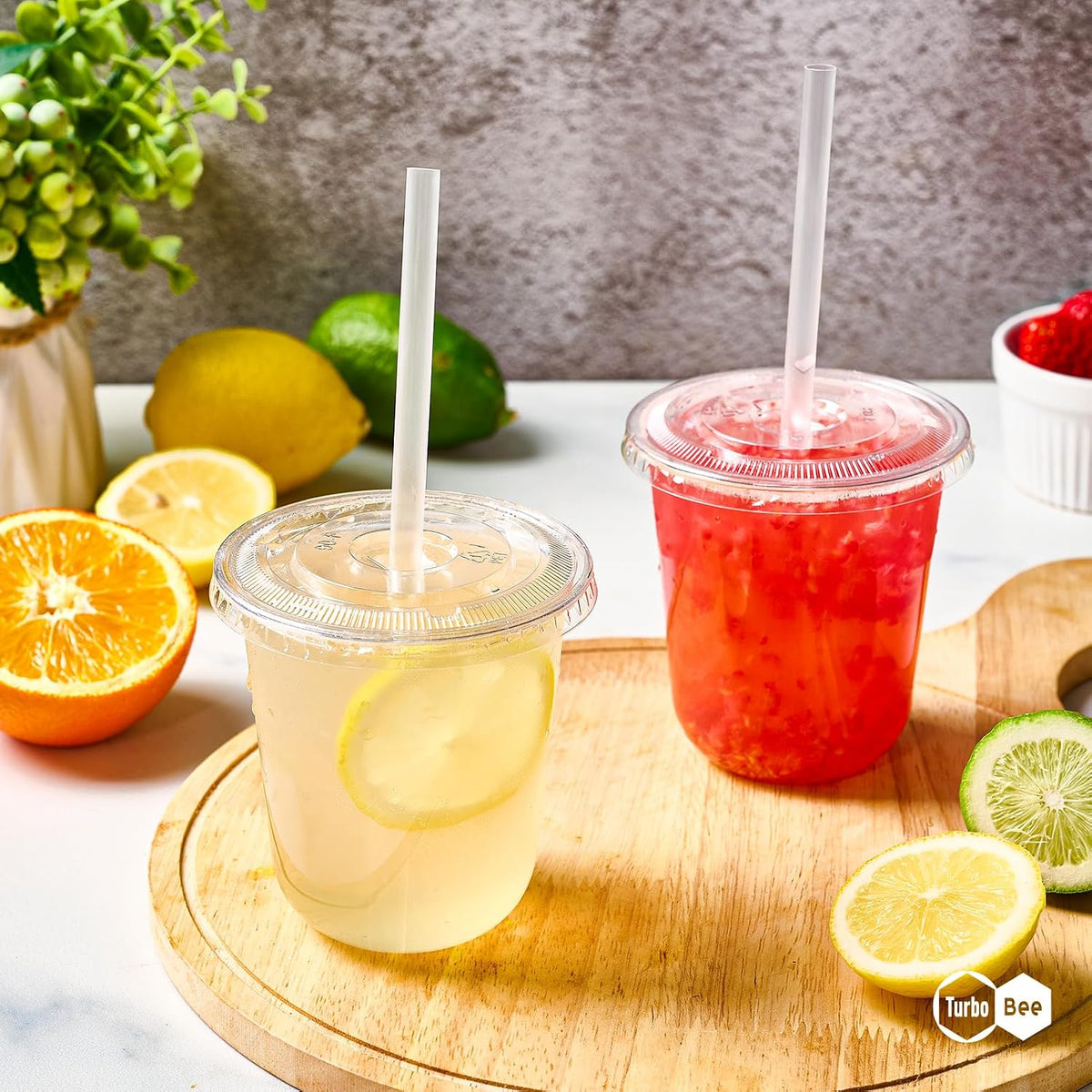 Disposable Plastic Cups with Lids and Straws, 12 OZ, 100 Pack