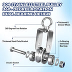 1 Pack 48mm U Groove Cable Pulley Wheel,304 Stainless Steel Swivel Pulley