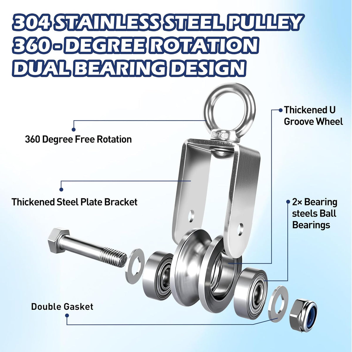 1 Pack 48mm U Groove Cable Pulley Wheel,304 Stainless Steel Swivel Pulley