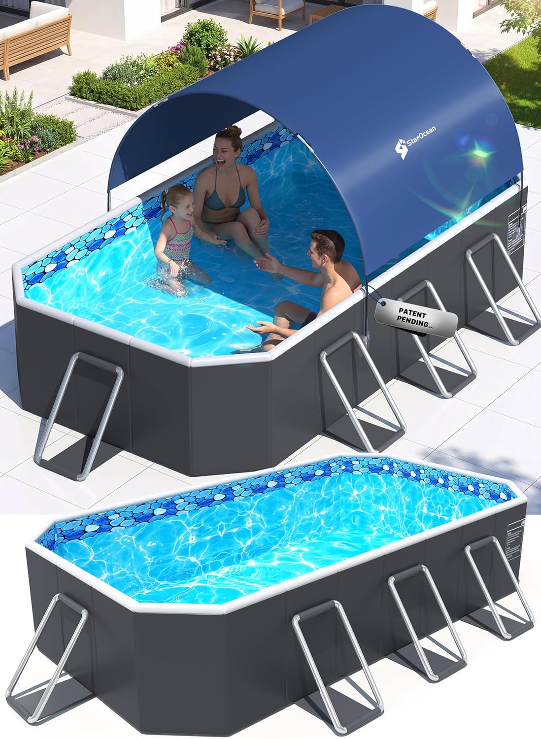 Foldable Pool with Canopy,Non Inflatable Pool,Large Foldable Swimming Pool for Adult Portable Pool,Large Collapsible