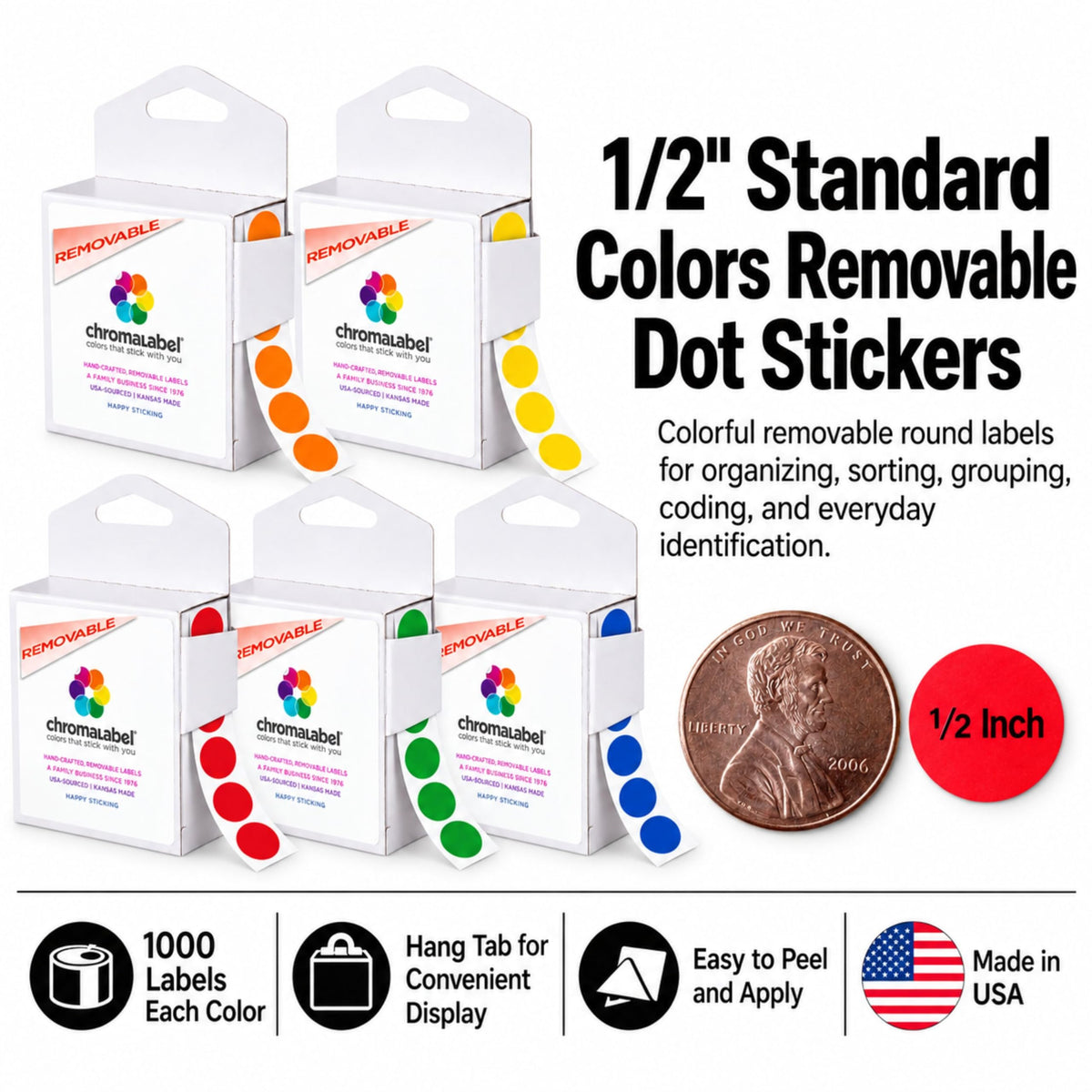 Removable Dot Stickers, 1/2 Inch, 5 Colors, 5,000 Total