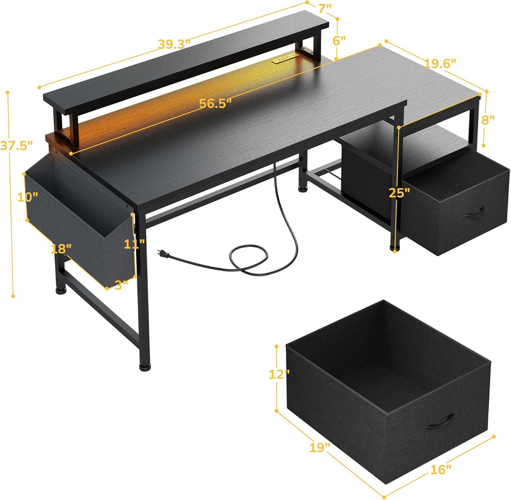 56.5" Black Computer Desk with File Drawers and Printer Space,Office Desk with Power Outlets and Monitor Stand,Gaming