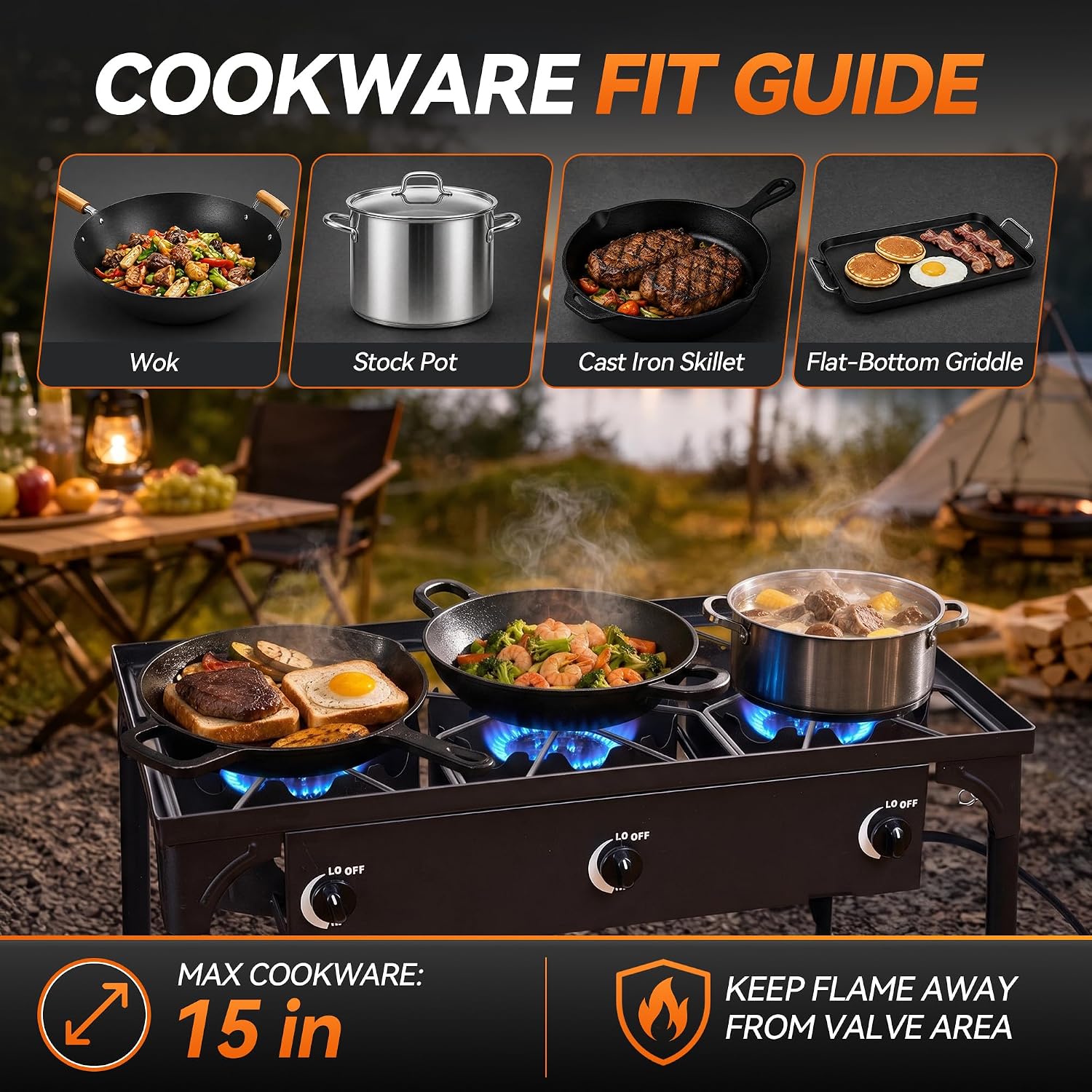 3 Burner Propane Stove, 225,000 BTU Outdoor Cooker | 75,000 BTU per burner, CSA regulator and hose included, manual
