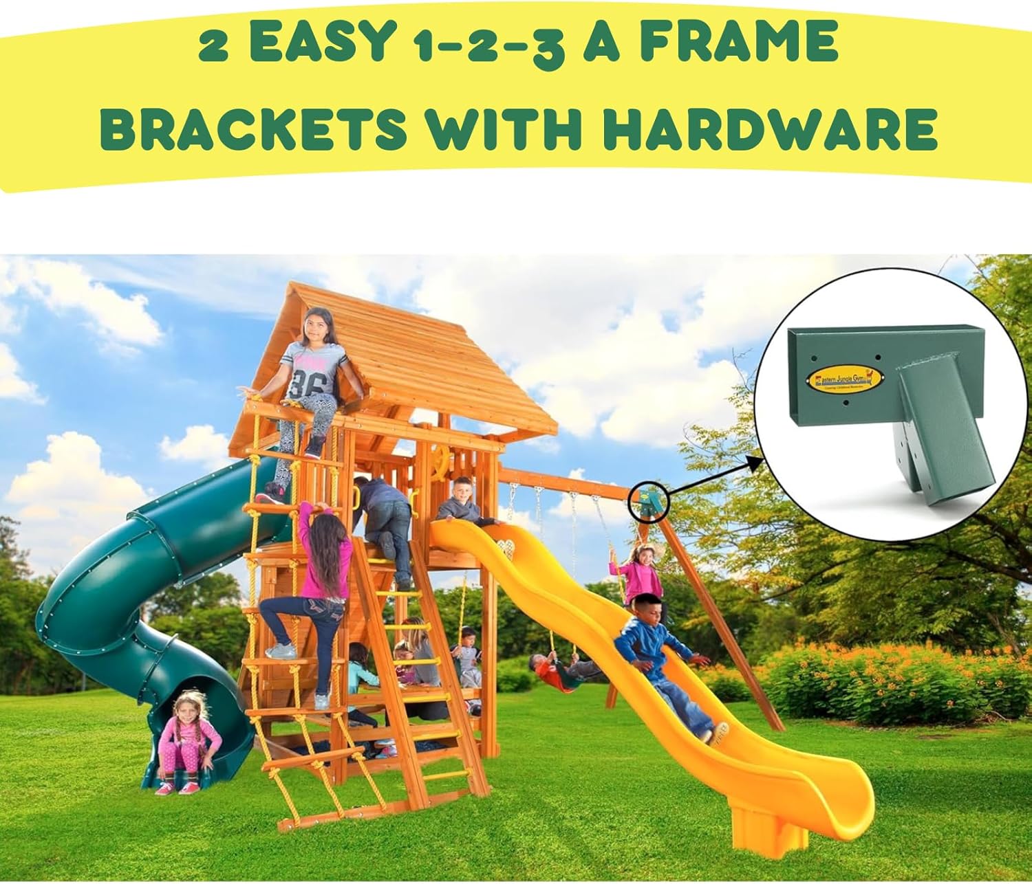 DIY Swing Set Hardware Kit with Easy 1-2-3 A-Frame Brackets, Swing Seats, Ring Trapeze Bar and All Assembly Hardware
