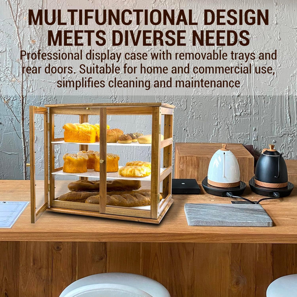 Pastry Display Case, 3-Tier Acacia Wood & Clear Acrylic, Rear Doors