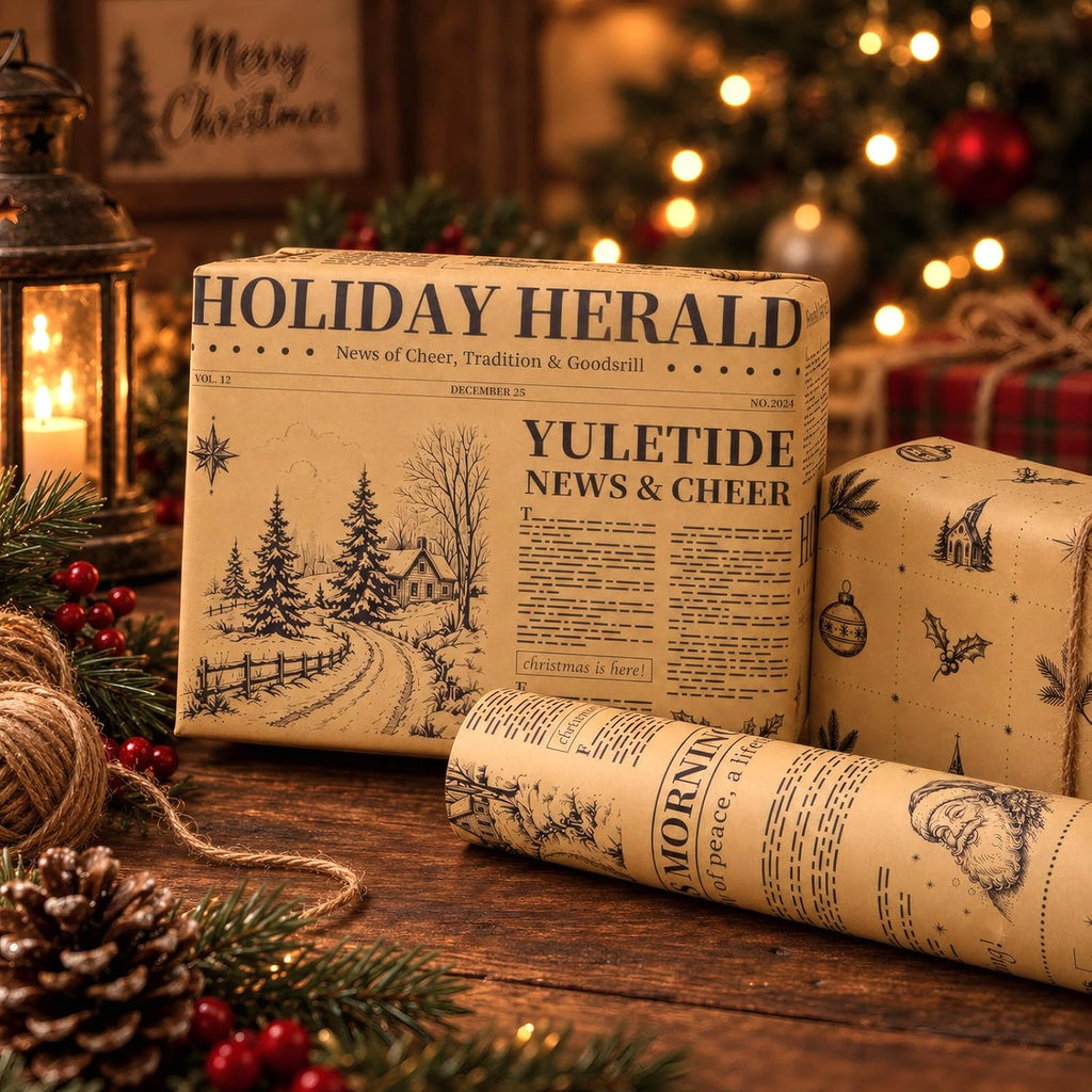 Vintage Christmas Wrapping Paper Rolls,Newspaper Brown Gift Wrap