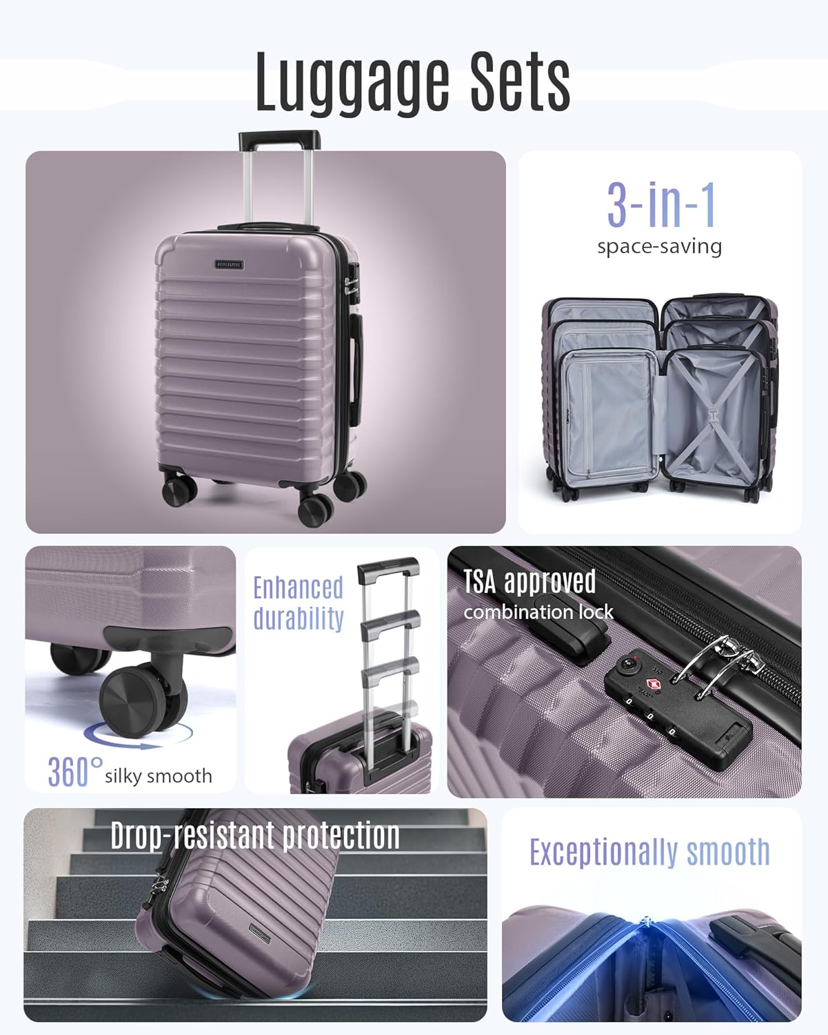 Luggage Sets, 3 Piece Durable Suitcase Set with Spinner Wheels, 3 Pcs Hardside Lightweight luggage with TSA Lock