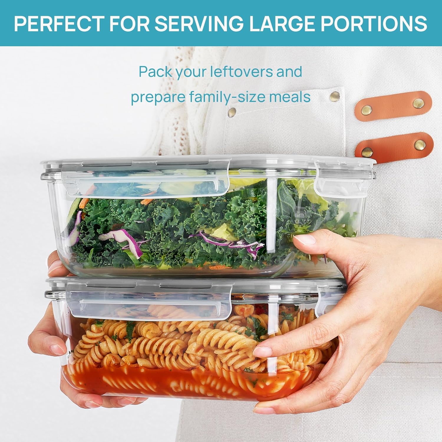 2Pack 1860ml/63oz Large Glass Storage Containers with Lids, Meal Prep Food Container Set with Snap Airtight Lid for
