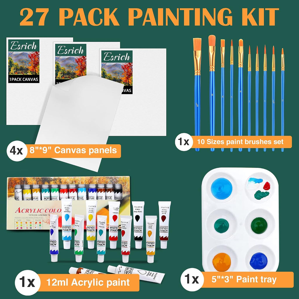 Acrylic Paint Set,Paint Set with 10 Paint Brushes12 Color 12ml Acrylic Paint,1 Palettes and 4 Pcs Canvas for