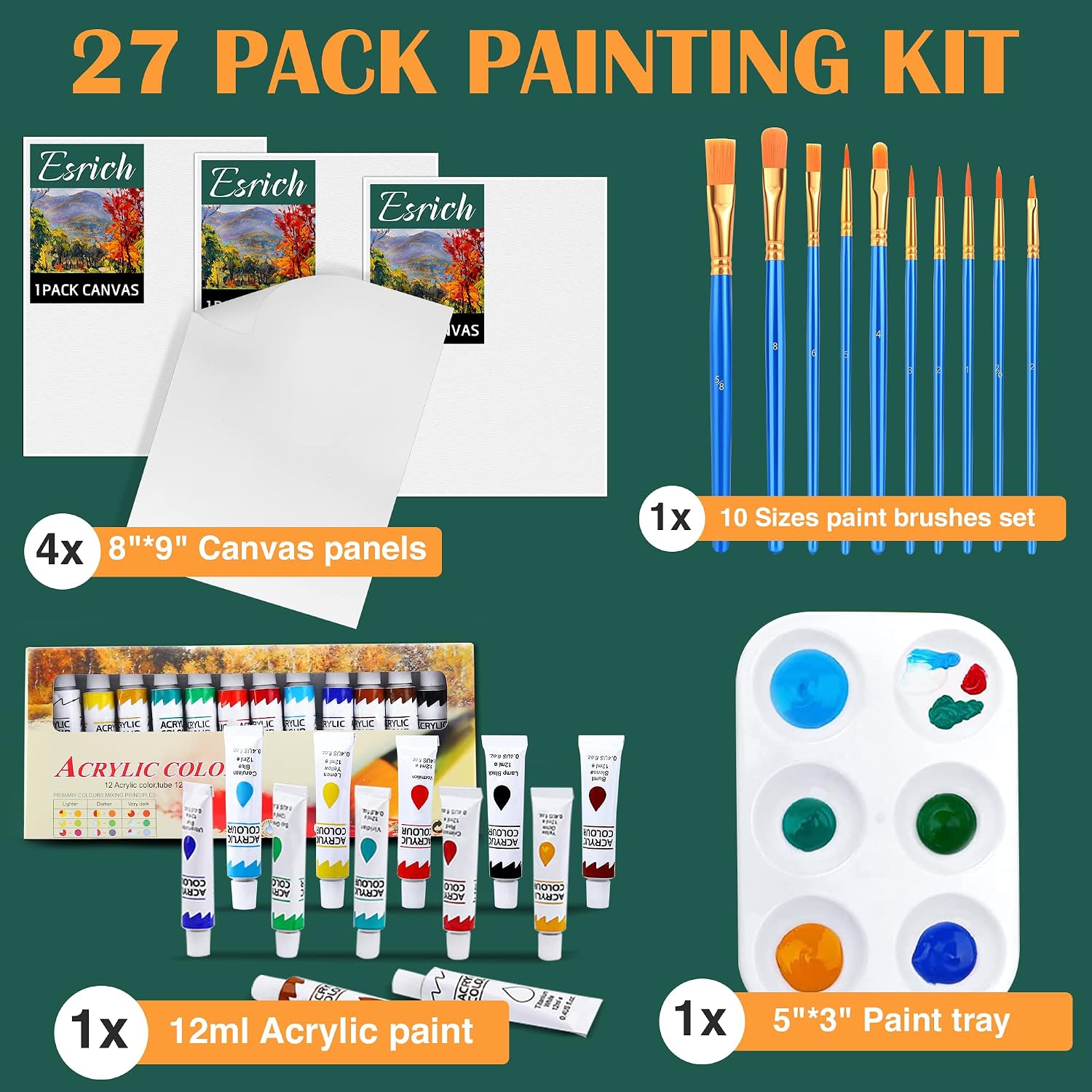 Acrylic Paint Set,Paint Set with 10 Paint Brushes12 Color 12ml Acrylic Paint,1 Palettes and 4 Pcs Canvas for