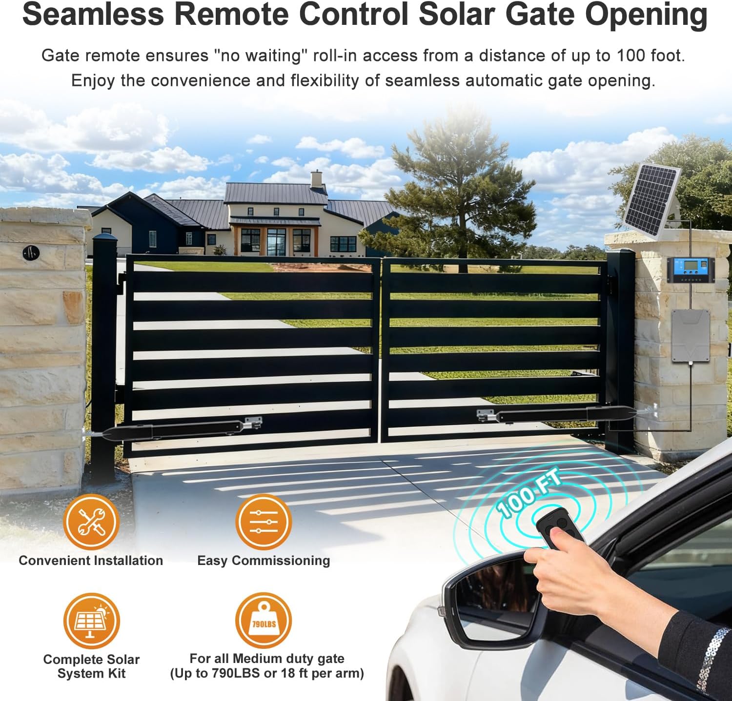 C025 Solar Gate Opener with Batteries & Solar Panel for Dual Swing Gates Up to 790lb 18FT per Arm Complete Automatic