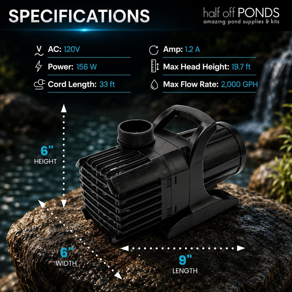 Aqua Pulse Submersible Pond Pump, 2,000 GPH, 33 ft Cord