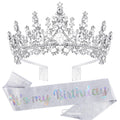 It's My Birthday Sash and Crown for Women Girls - Silver Glitter Birthday Sash, Crystal Princess Tiara, Queen Crown