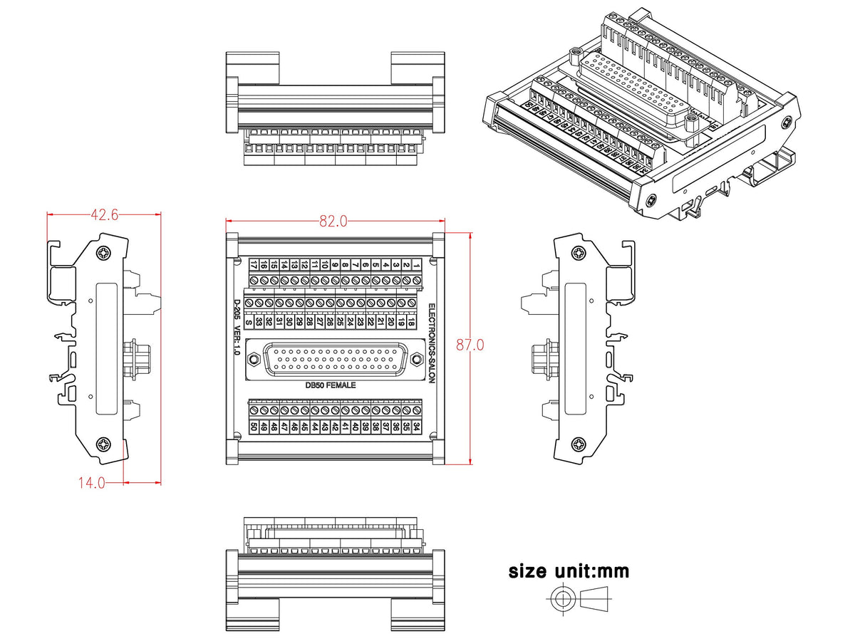 Electronics-Salon D-SUB DB50 Female DIN Rail Mount Interface Module, Breakout Board.