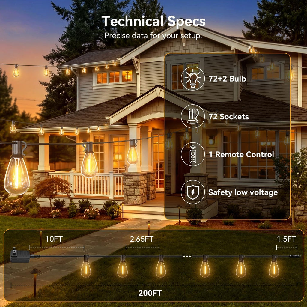 200FT Outdoor String Lights with Remote, Waterproof Patio Lights with 72+2 Shatterproof LED Bulbs,Dimmable Hanging