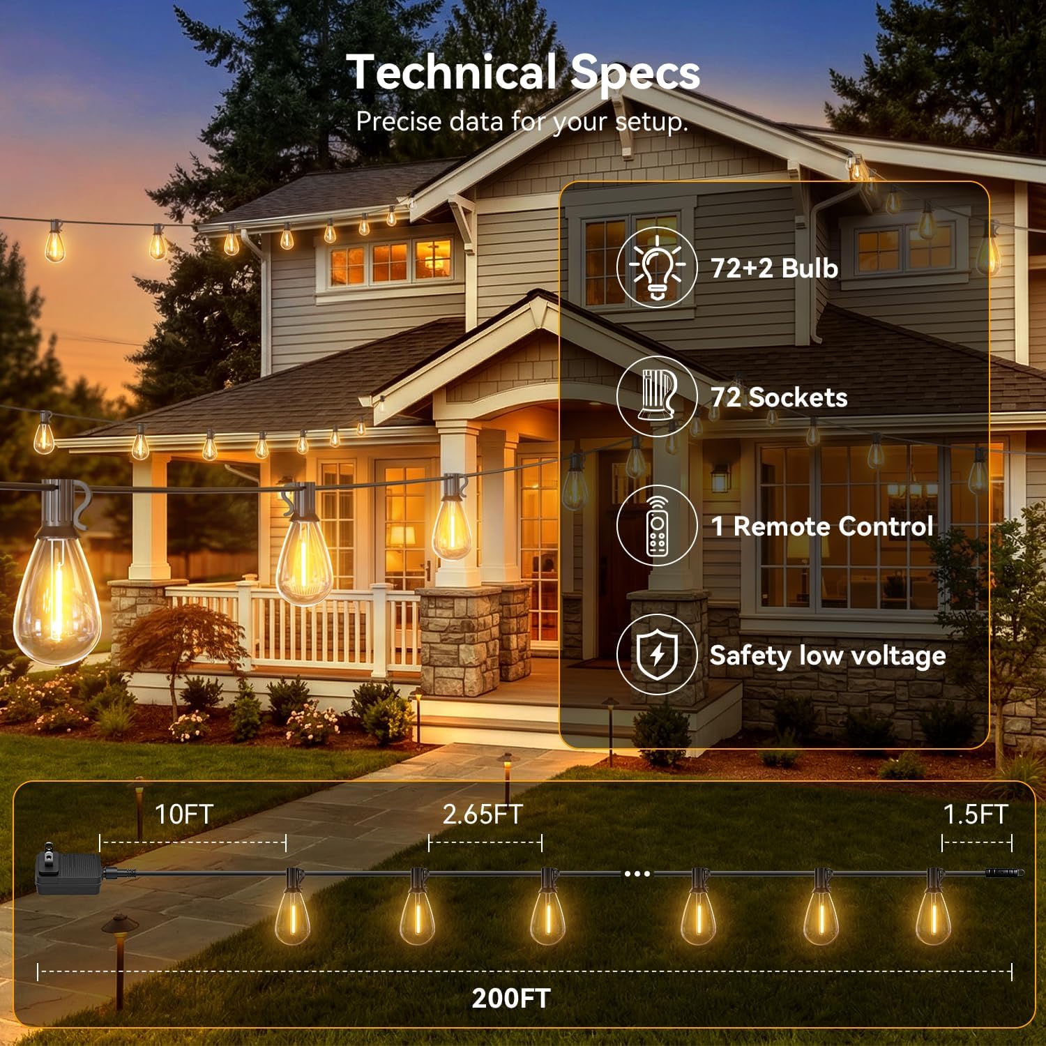 200FT Outdoor String Lights with Remote, Waterproof Patio Lights with 72+2 Shatterproof LED Bulbs,Dimmable Hanging