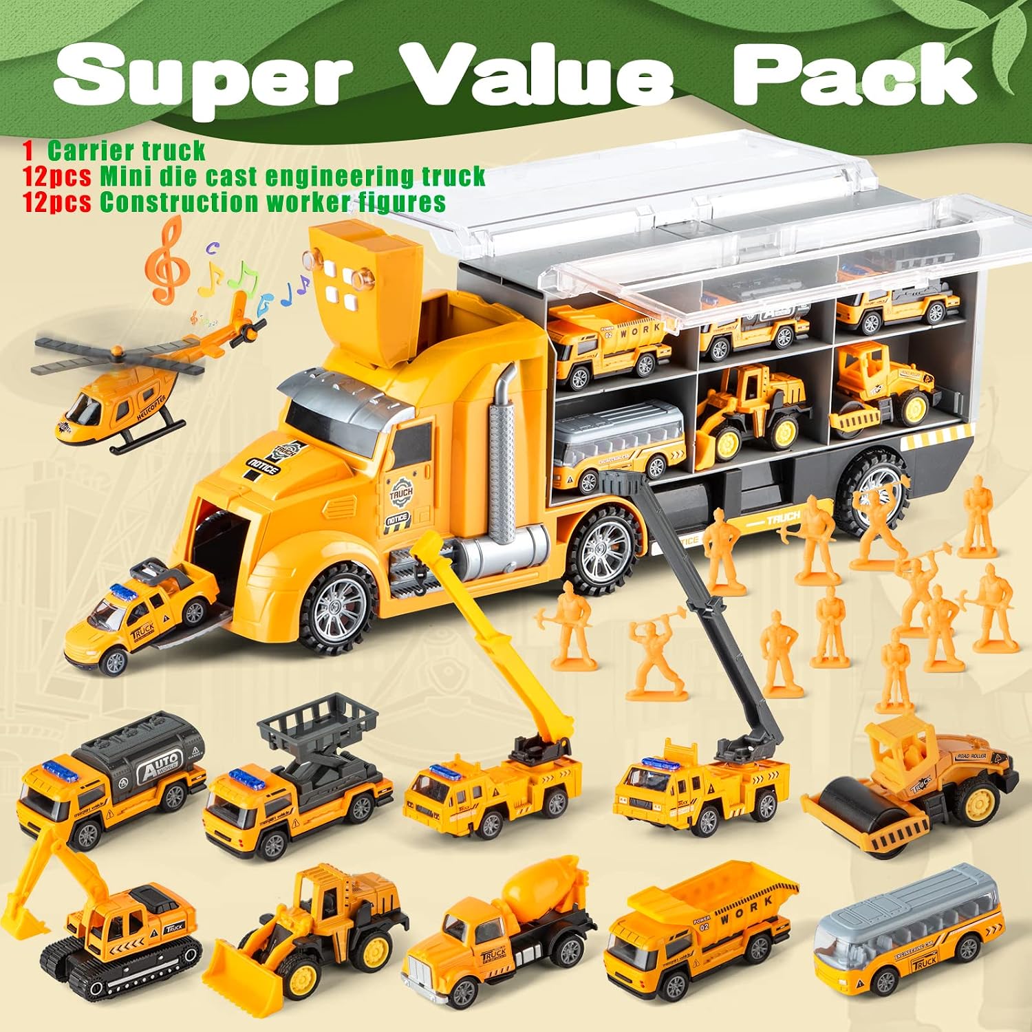 25 in 1 Die-cast Pull Back Construction Truck Vehicle Toys for 3-7Year Old Boy, Sounds and Lights in Large Carrier