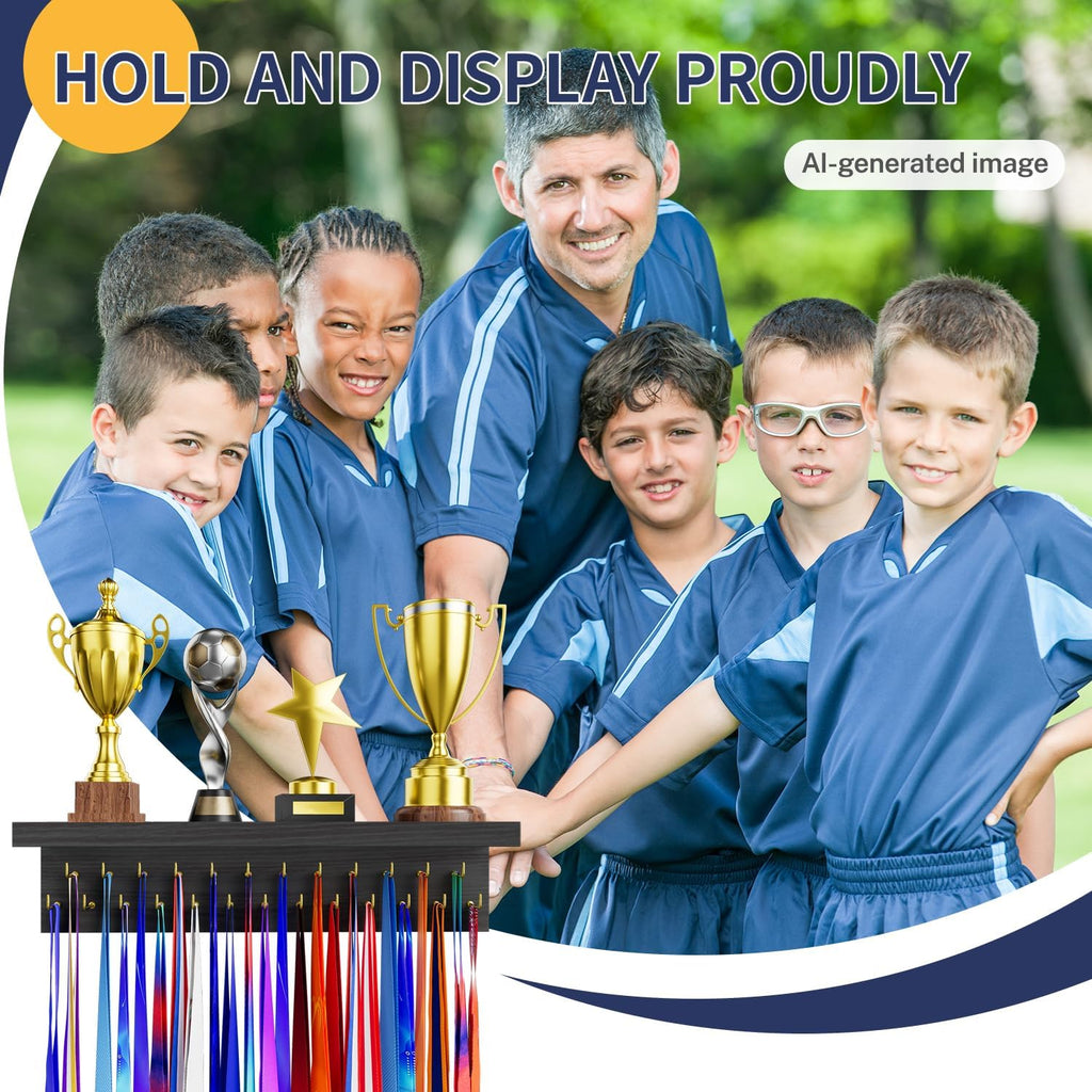 Medal Holder Display Trophy Shelf Organizer, Sturdy Wooden Race Award Hanger Rack with 25 Steel Hooks, Wall Mount