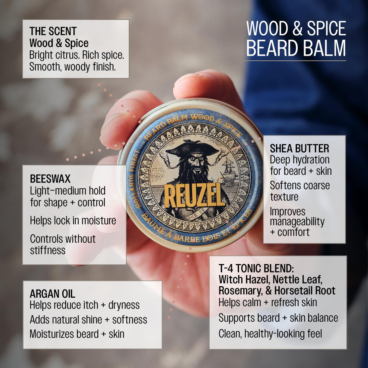 Beard Balm, Wood & Spice, Masculine Scent, 1.3 oz