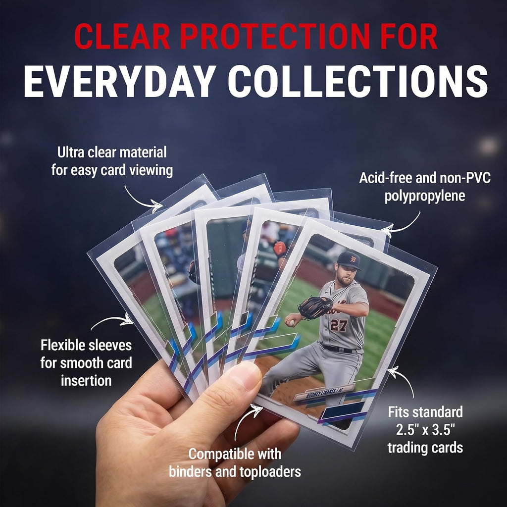 Premium Clear Card Sleeves, 2.5" x 3.5", 100 Pack | Soft acid-free, non-PVC polypropylene sleeves protect standard