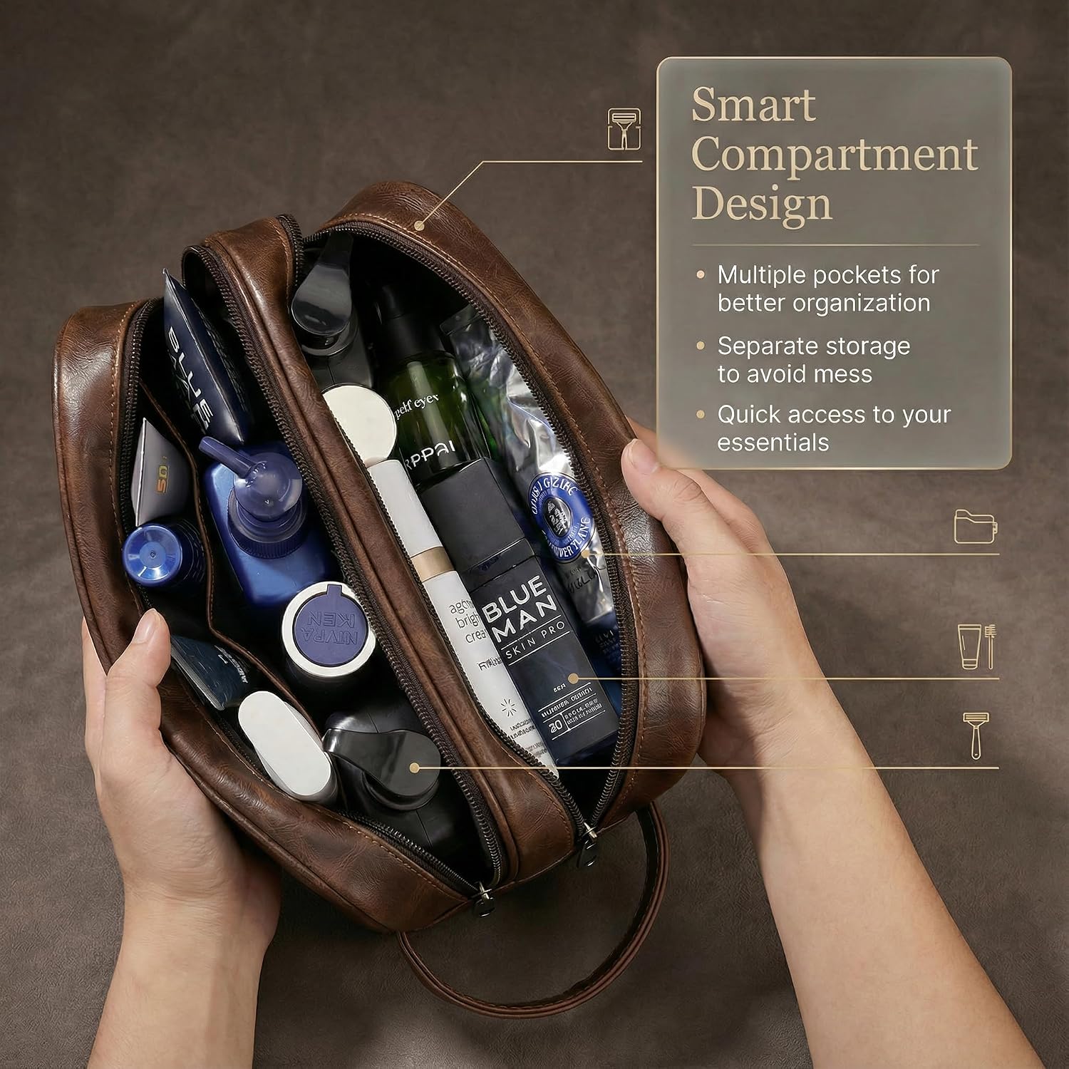 Men’s Toiletry Bag Travel Dopp Kit–double-deck PU Leather Water-Resistant Shaving Organizer Large Capacity, Double