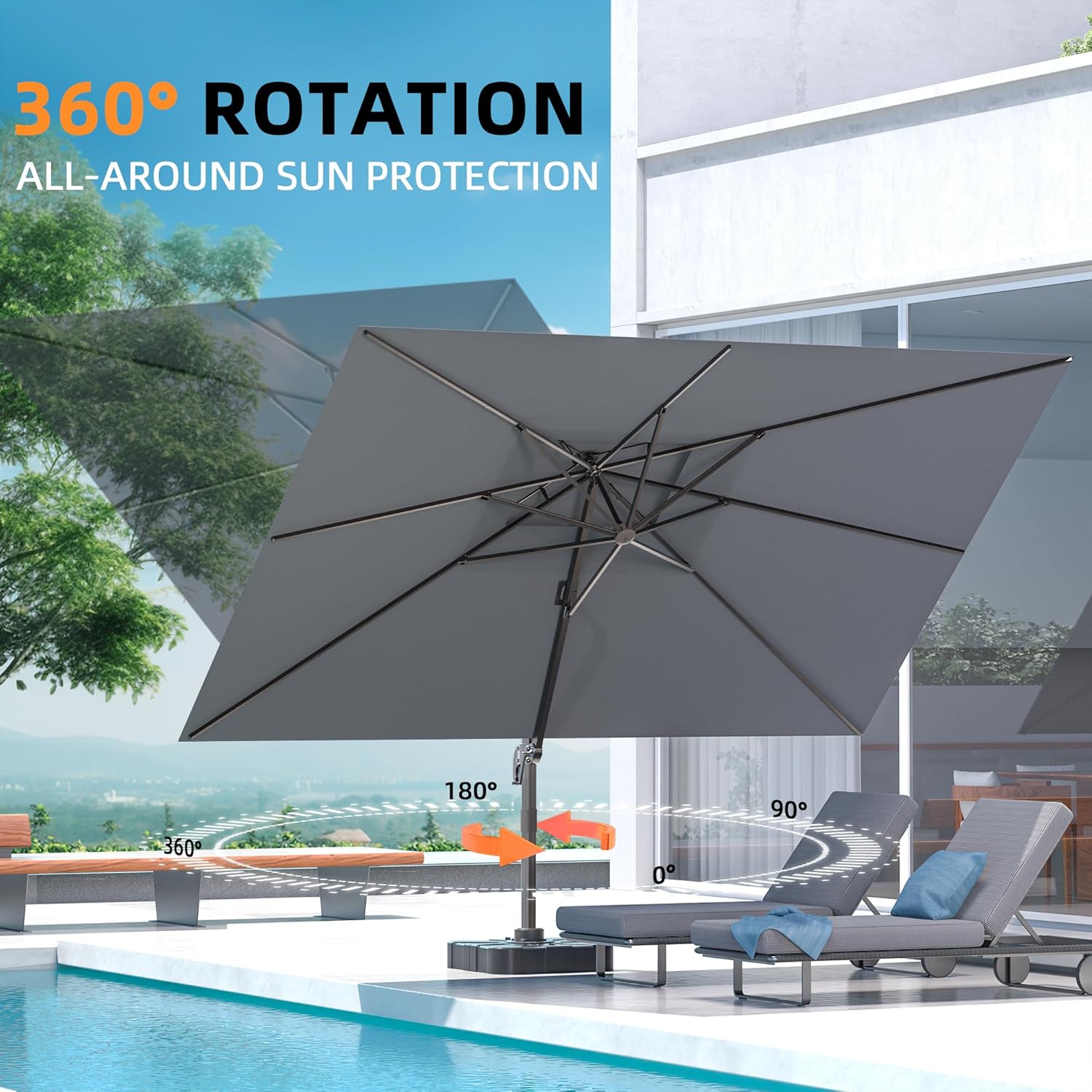 9' X 12' Cantilever Outdoor Patio Umbrellas with Base Included, Large Rectangle Umbrella Heavy Duty 360°Rotation