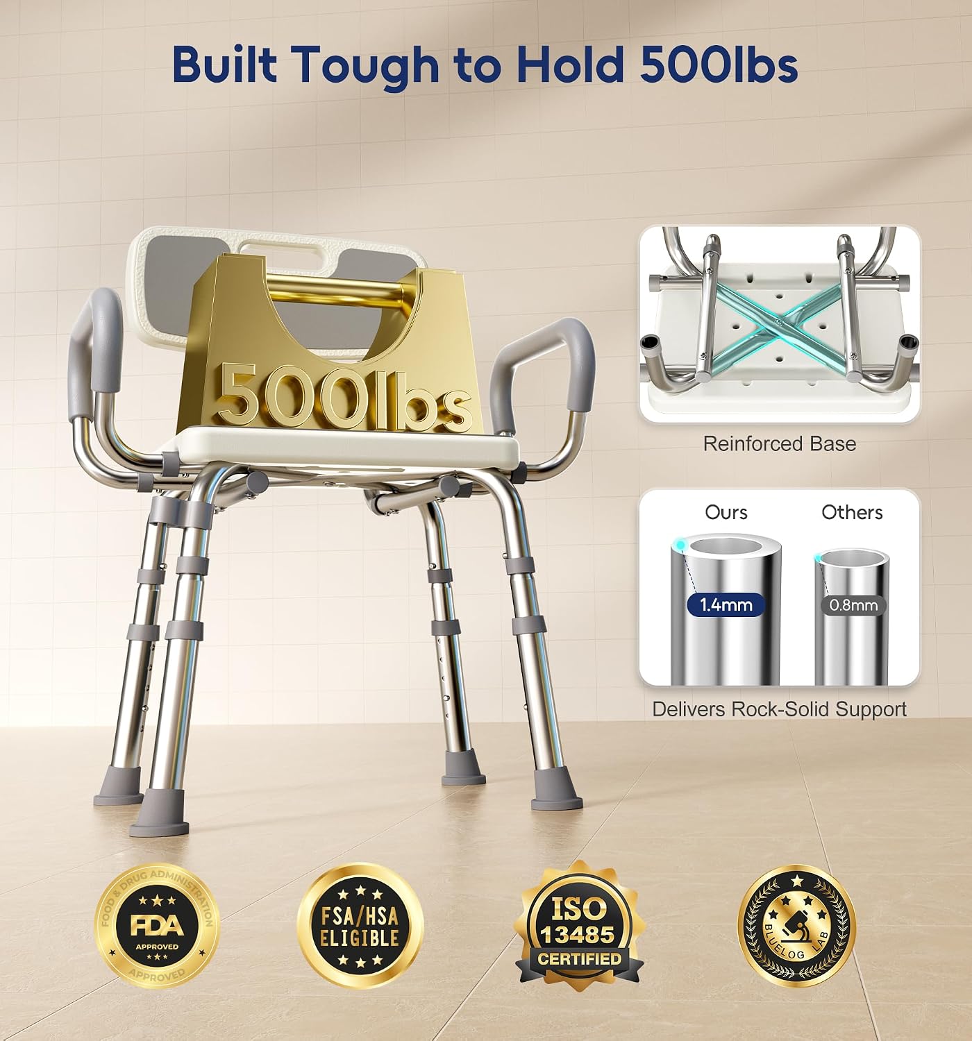 Shower Chair for Inside Shower with Arms and Back, 500lbs Capacity Height Adjustable Shower Seat with Thickened Frame