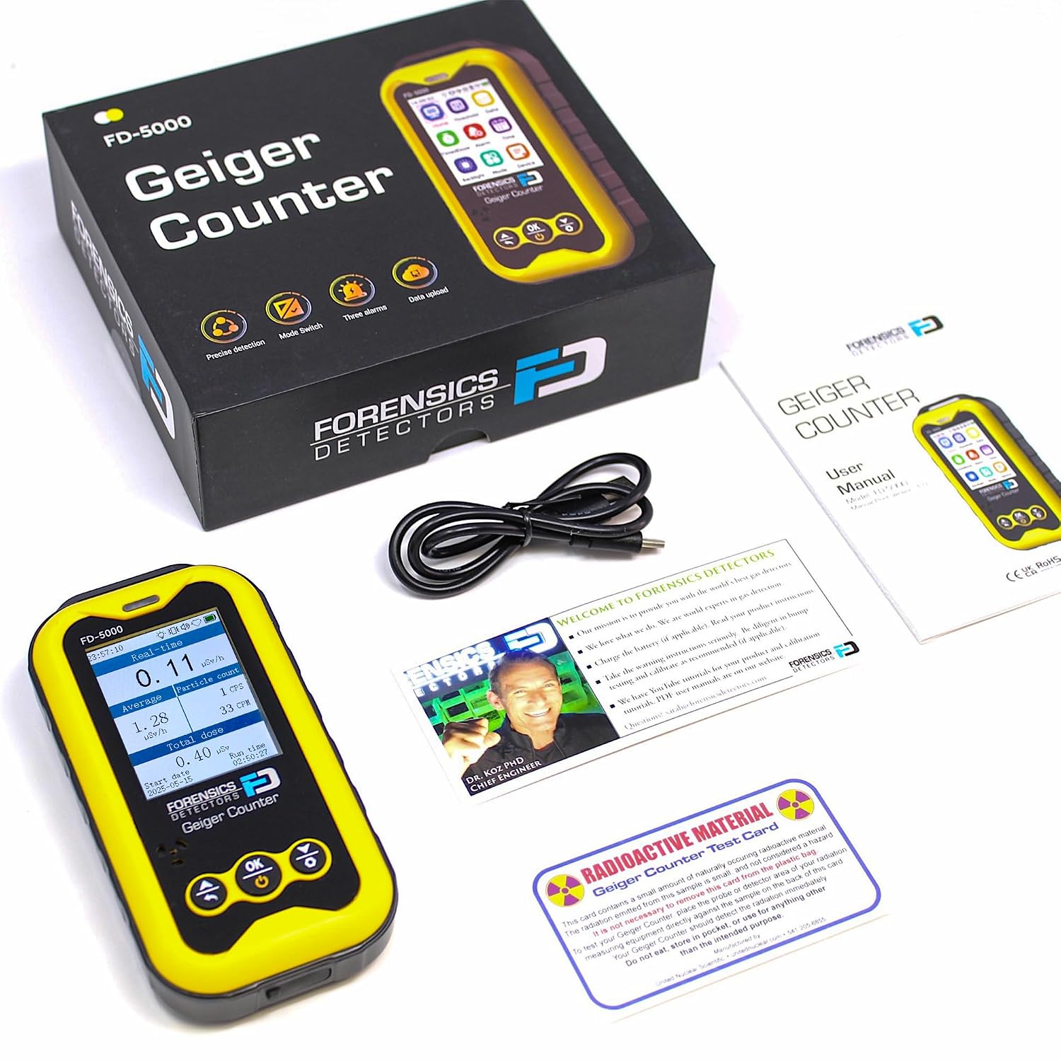 Geiger Counter + Radiation Test Card | Upgraded 20-Year Sensor Life | Radiation Detector | Beta, Gamma, & X-Rays |