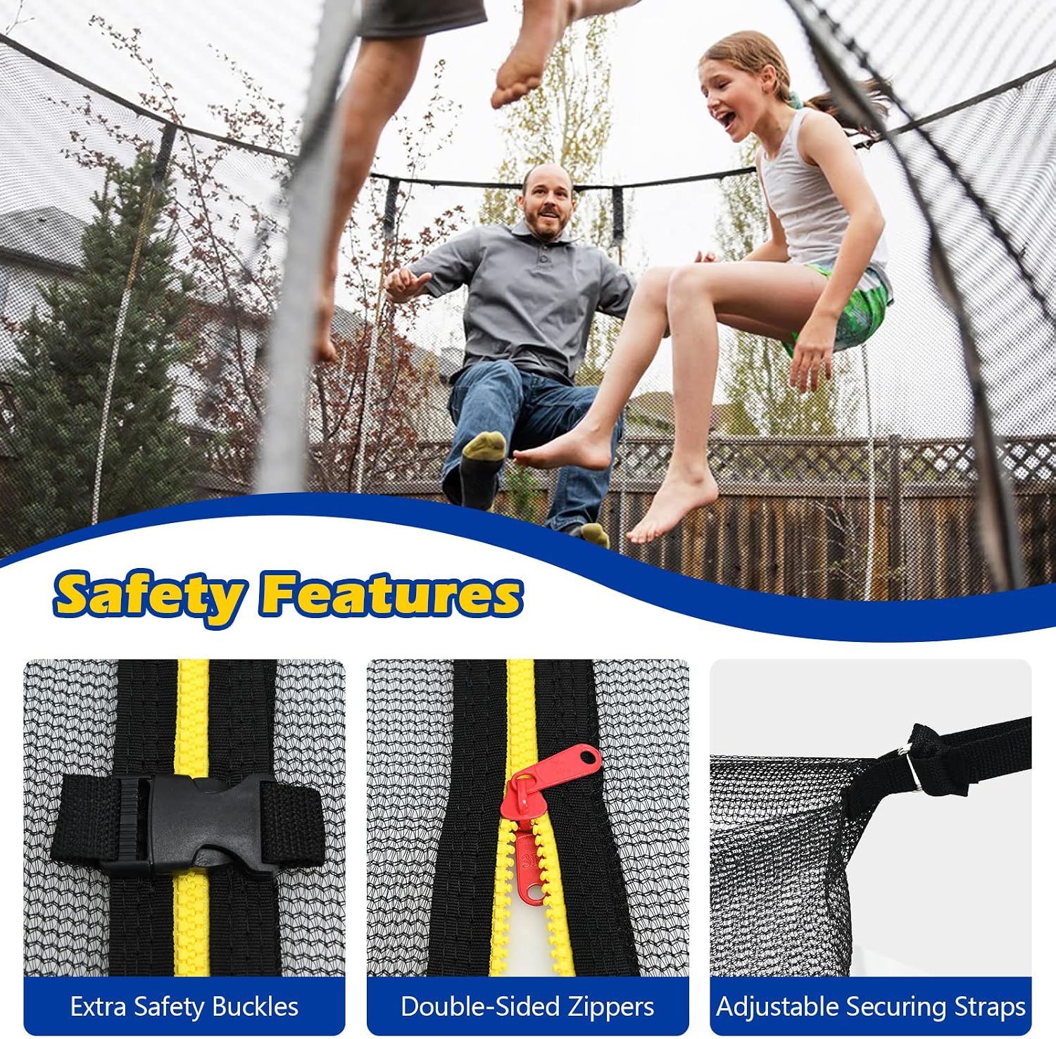 Trampoline Net, Trampoline Enclosure for 8 10 12 14 15 16Ft Round Trampoline with Double-Headed Zippers & Buckles