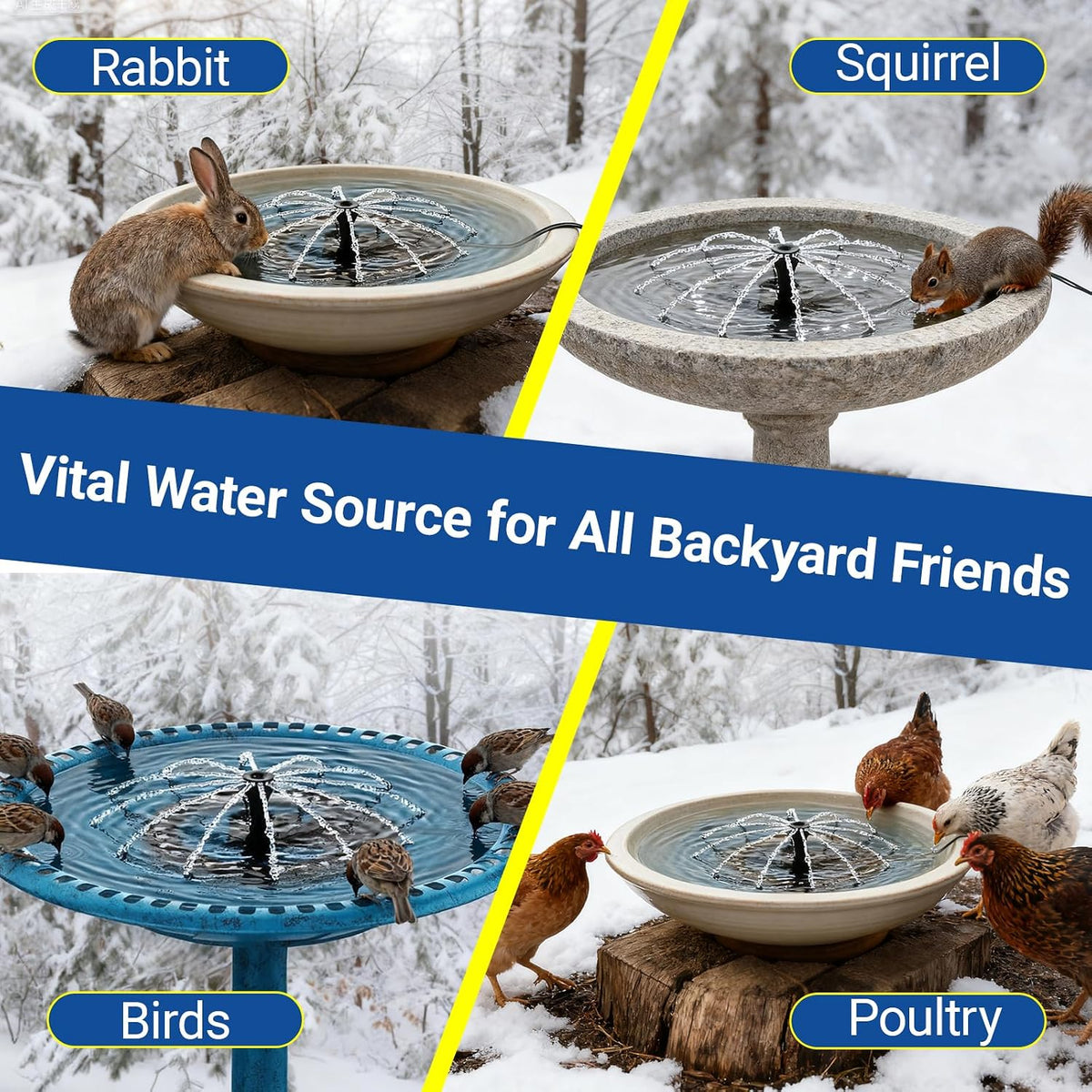 Upgrade Bird Bath Heater De-icer with Fountain Water Pump 200W Heated Bird Baths for Outdoors in Winter