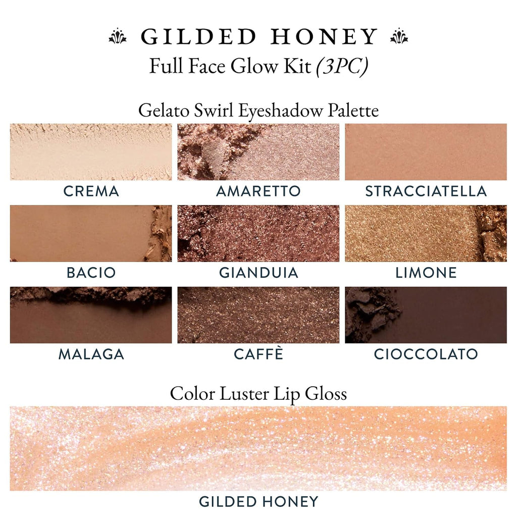 LAURA GELLER Gilded Honey Glow Three-Piece Makeup Kit, Gelato Swirl Eyeshadow Palette, Color Luster Lip Gloss &