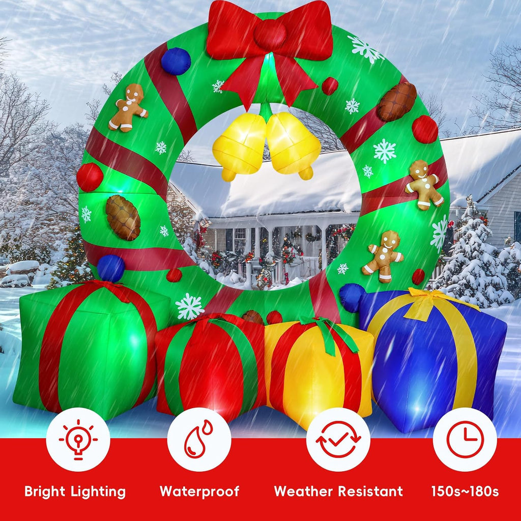 10FT Giant Inflatable Christmas Wreath Outdoor Decor Blow Up Xmas Wreath with Gift Boxes Bells LED Lights Holiday