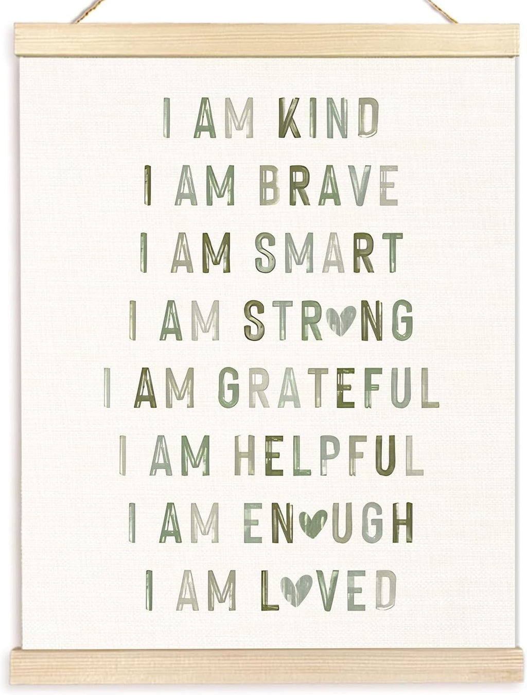 Boho Sage Green Positive Affirmations Wall Art Posters, Boho Nursery Decor Boy Girl, I Am Kind Brave Smart Canvas