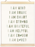 Boho Sage Green Positive Affirmations Wall Art Posters, Boho Nursery Decor Boy Girl, I Am Kind Brave Smart Canvas