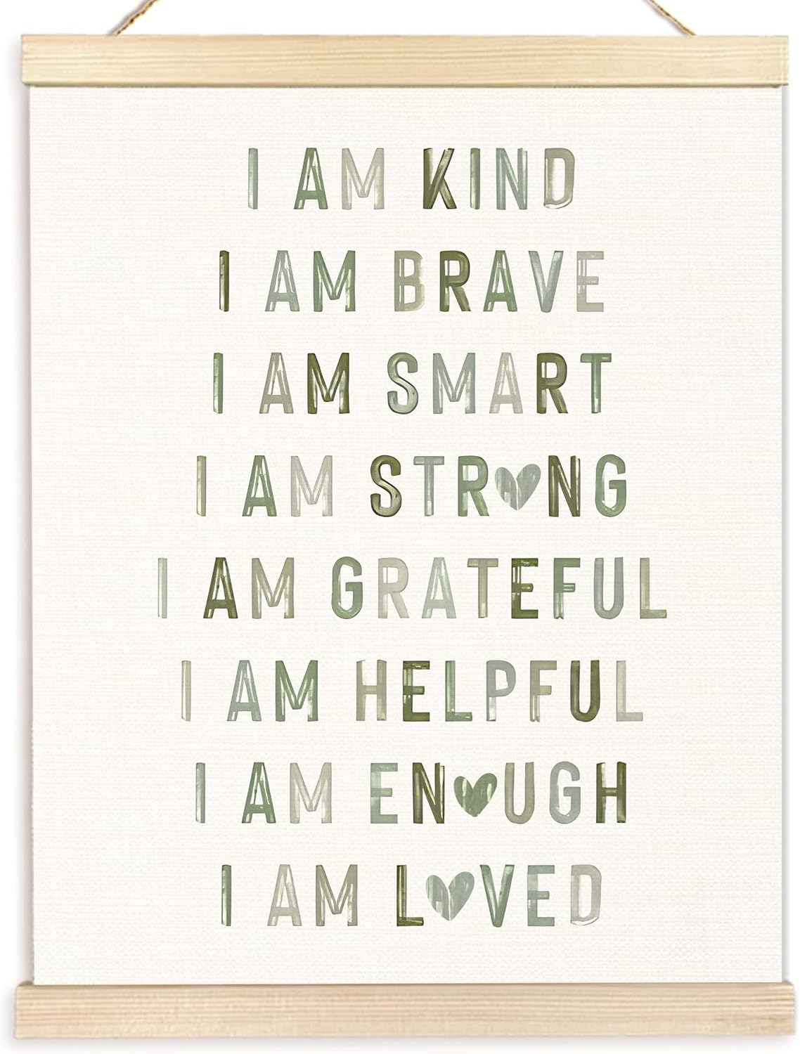 Boho Sage Green Positive Affirmations Wall Art Posters, Boho Nursery Decor Boy Girl, I Am Kind Brave Smart Canvas