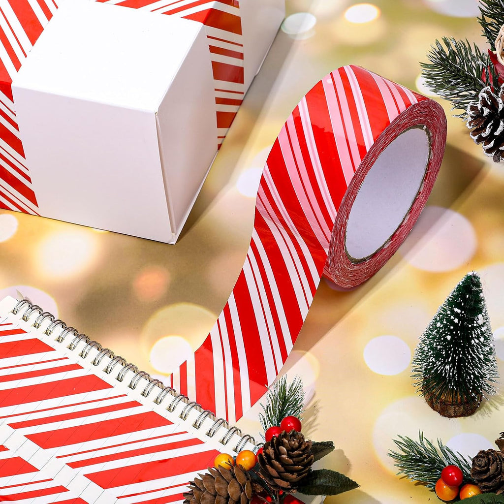 109 Yard Christmas Candy Packing Tape Xmas Red and White Striped Pattern Tape Waterproof Shipping Tape for Small
