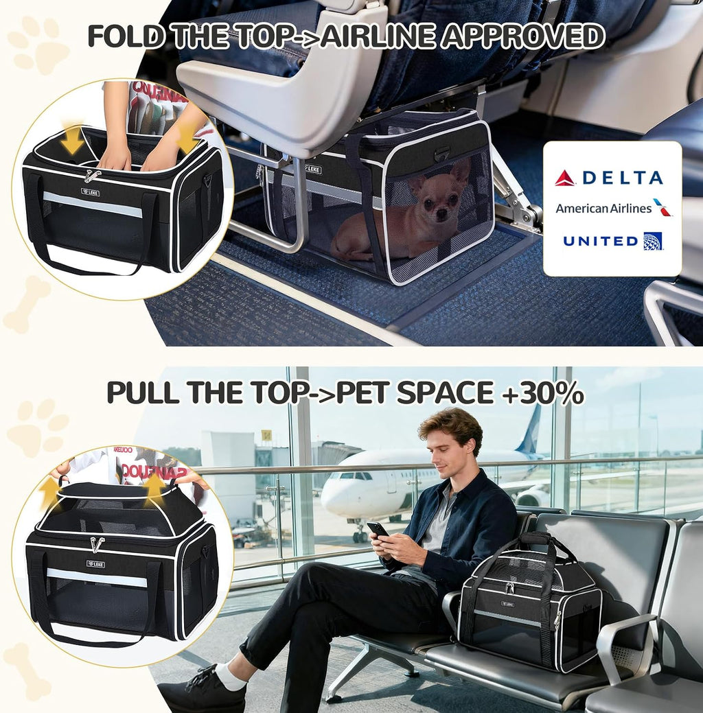 Top-Expandable Pet Carrier 18x11x11Inch Delta American United Airline Approved Soft Sided Underseat to 15lbs Travel
