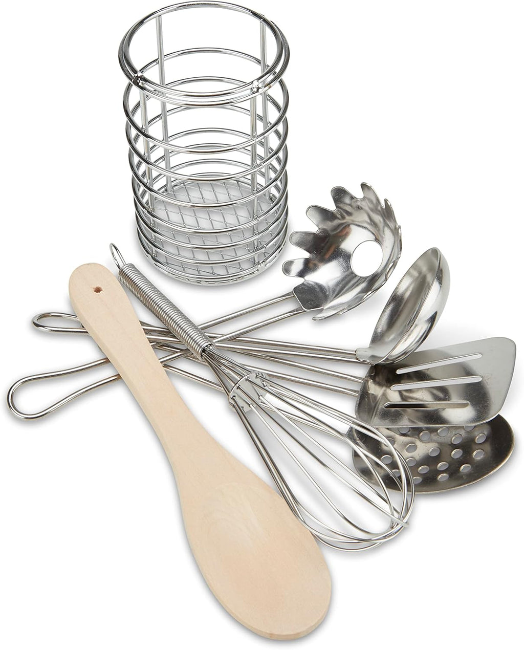 Melissa & Doug Stir & Serve Cooking Utensils (7 pcs) - Stainless Steel & Wooden Play Kitchen Accessories, Preschool