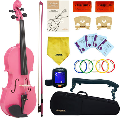 4/4 Full Size Fiddle Pink Colored Premium Violin Outfit for Beginners Adults Kids With 5 Color Fingering Tape