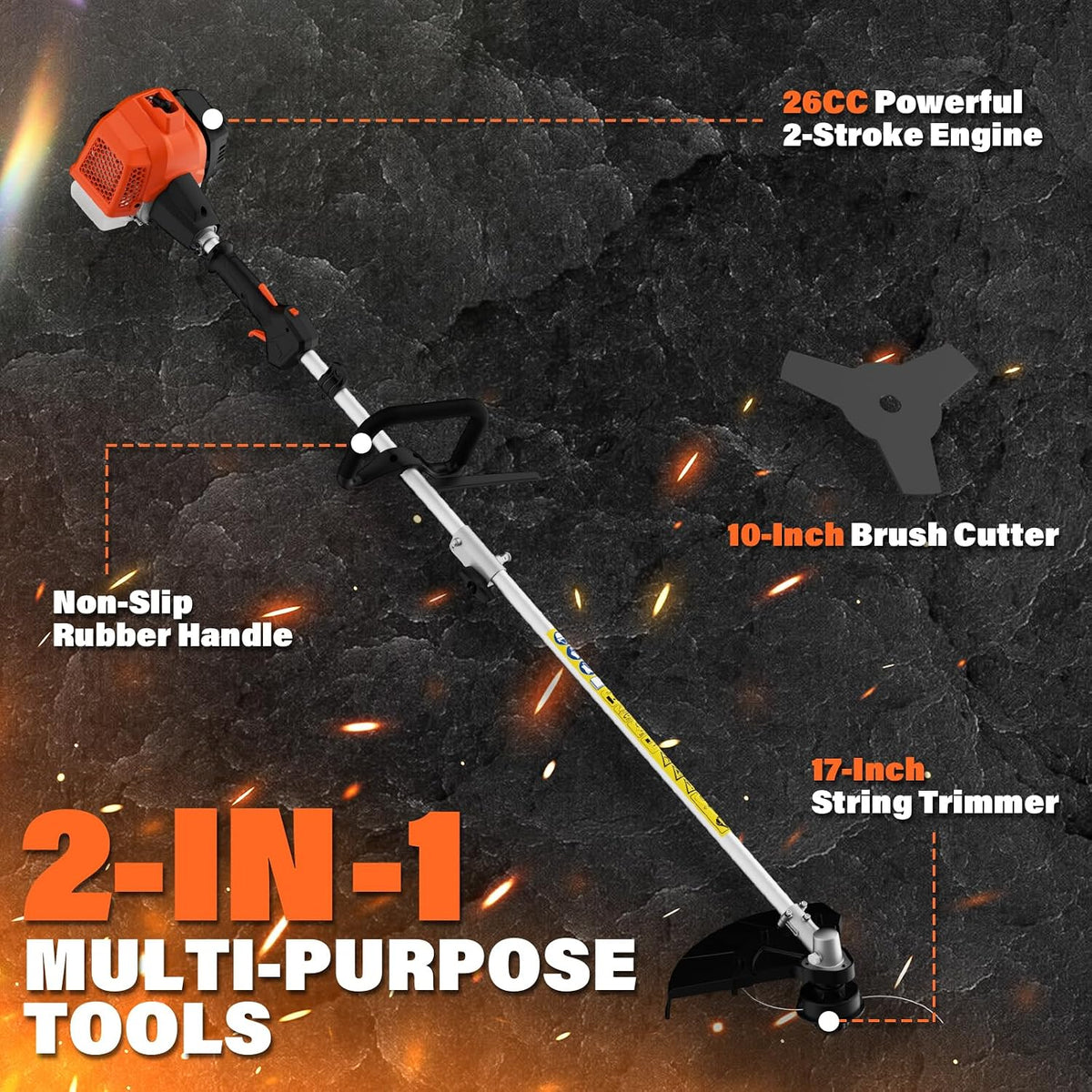 26cc Gas Weed Wacker & Brush Cutter for Mowing lawns and shrubs | String Trimmer 17-Inch with 10-Inch Brush Cutter