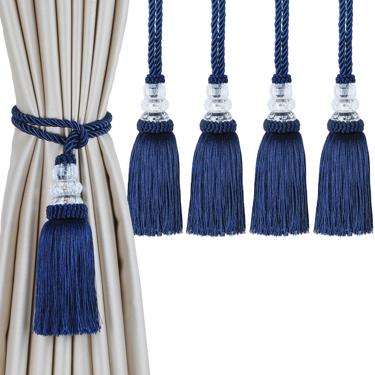 4 Pack Curtain Tiebacks with Tassel, Navy