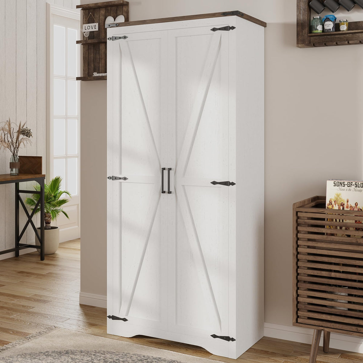 68.9" Broom Closet Storage Cabinet, Large Utility Closet, Antique White