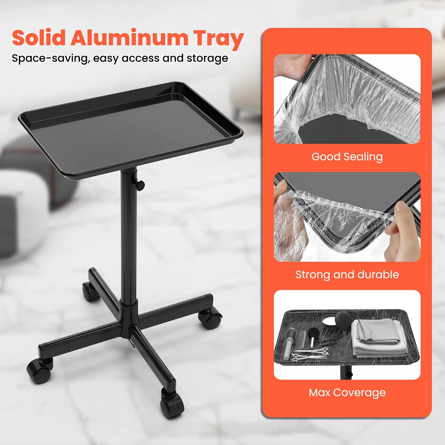 Rolling Salon Tray, Mobile Styling Station with Wheels Aluminum Rolling Tray Trolley for Salon Essentials, Adjustable