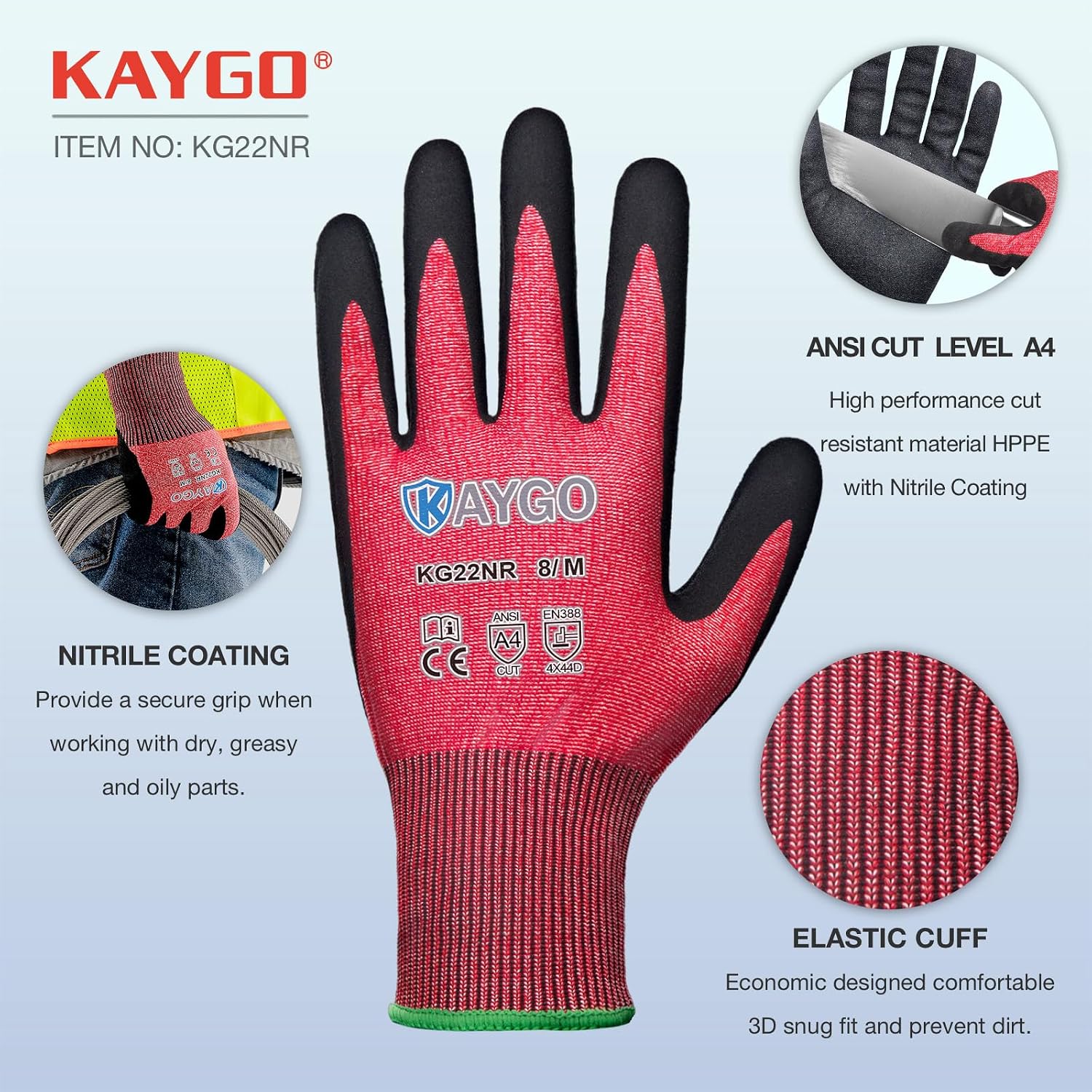 Cut Resistant Gloves Micro Finishing Nitrile Coated,Safety Work Gloves with Firm Grip,ANSI Cut A4,KG22N,Ideal for