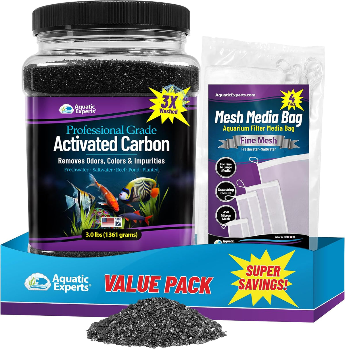 Premium Activated Carbon for Aquariums – 3 lbs Bulk Granulated Charcoal + Four 3" x 8" Fine Mesh Filter Bags