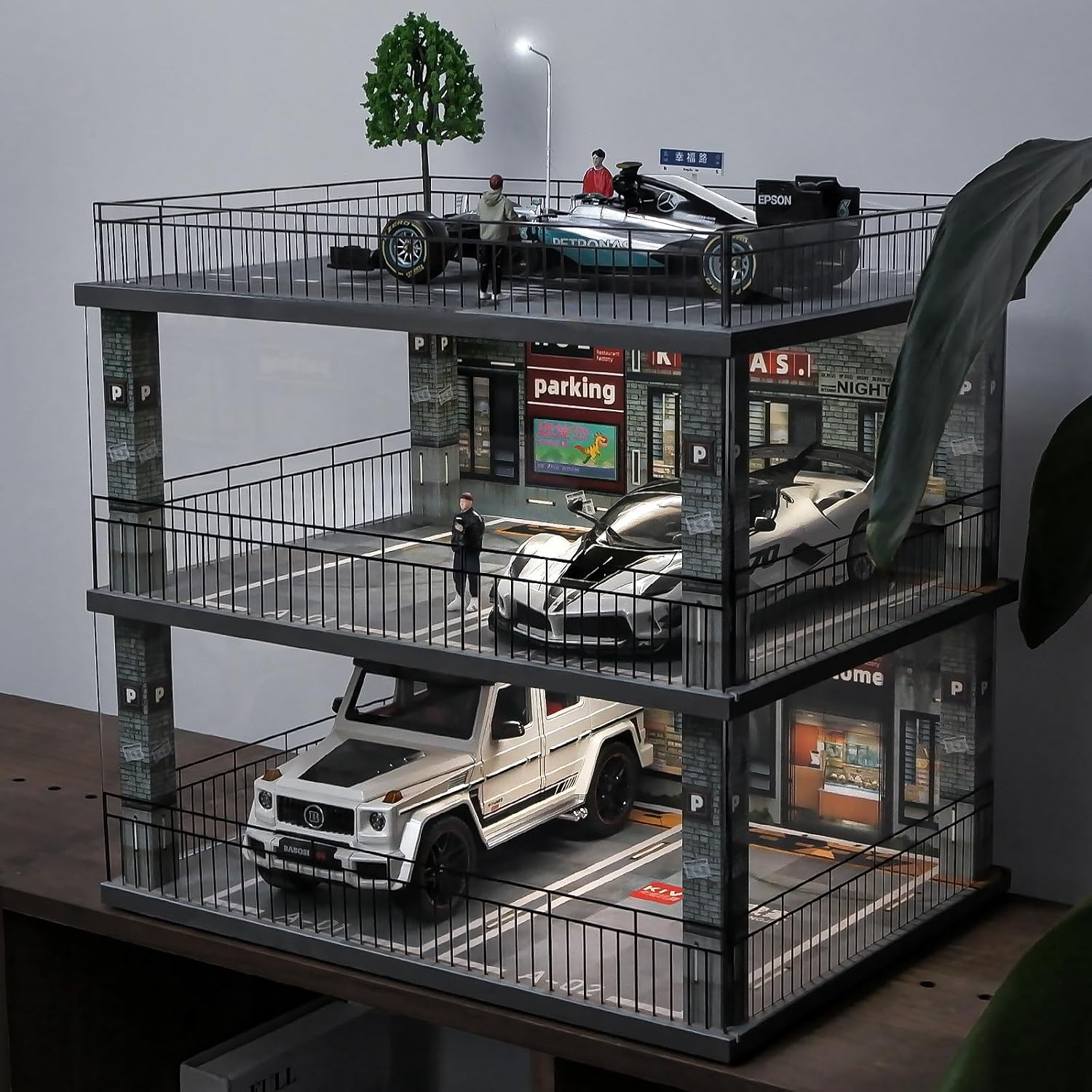 1:18 Scale Diecast Model Car Display Case Cabinet with USB Lights and Dust Cover,Diorama Garage Parking for Alloy