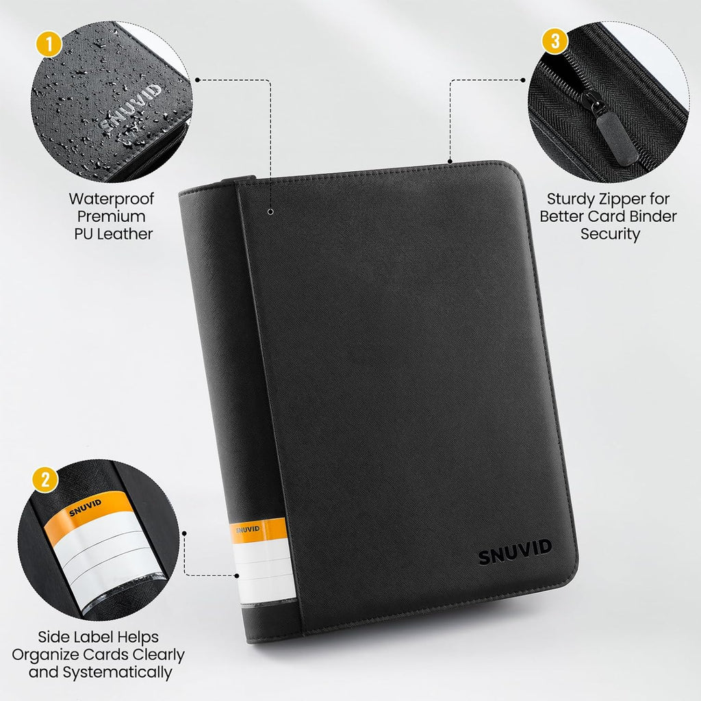 9 Pocket Trading Card Binder with 500 Card Sleeves, 26 Side-Loading Pages Hold 468 Trading Cards, Black PU Cover Zip