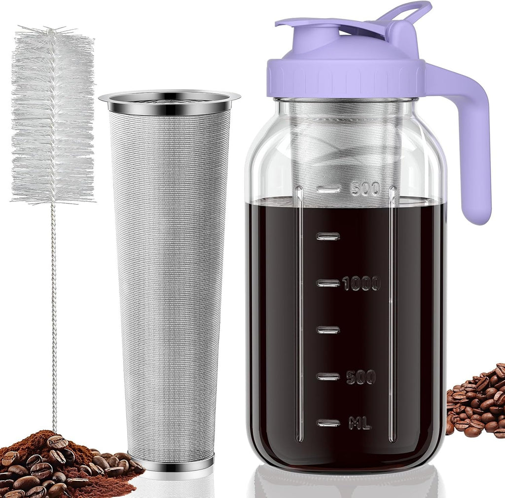 Cold Brew Coffee Maker, 64 oz Glass Mason Pitcher | 100μm stainless steel filter, wide mouth design, leak-proof lid
