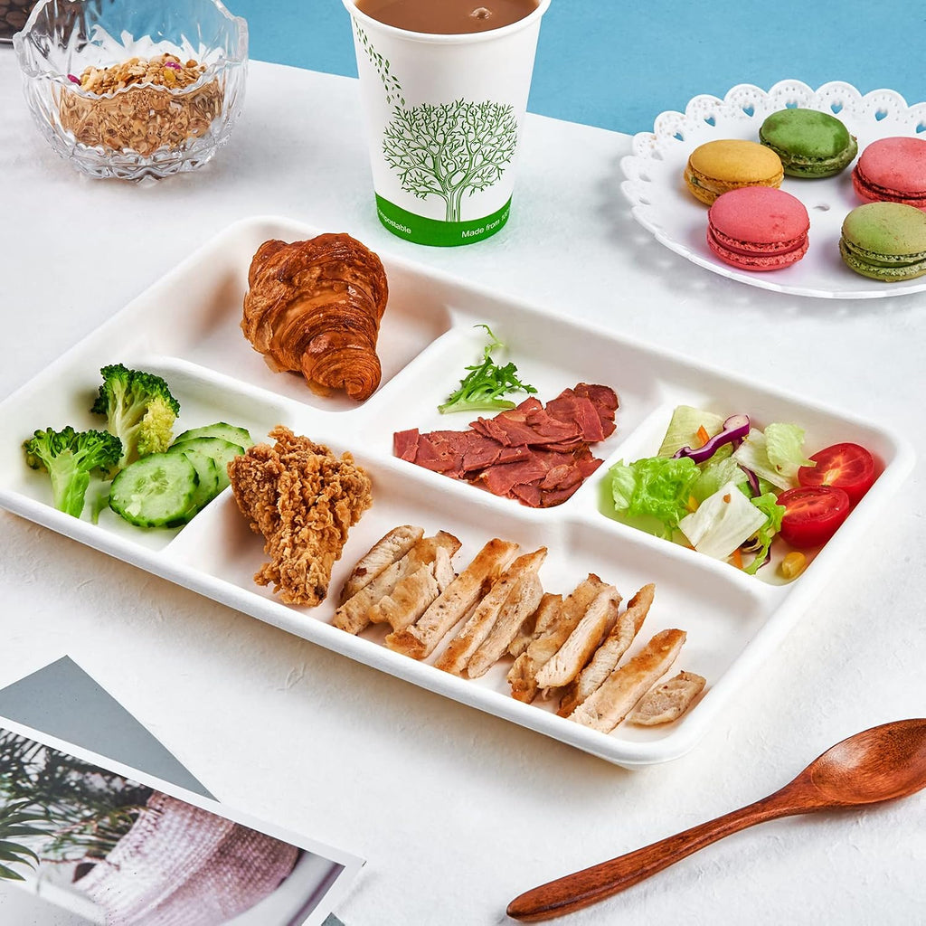 Compostable Disposable 5 Compartment Paper Plates, 12.5inch