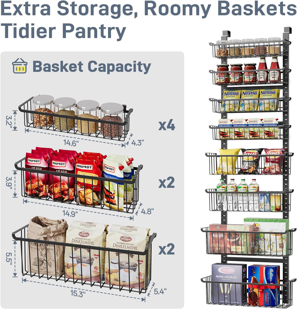 Over The Door Pantry Organizer, 8-Tier Over The Door Organizer with Adjustable Baskets, Metal Hanging Spice Rack for